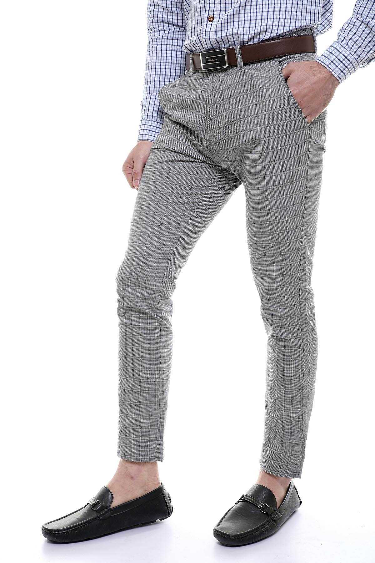 Grey check slim trousers with belt and back yoke detail