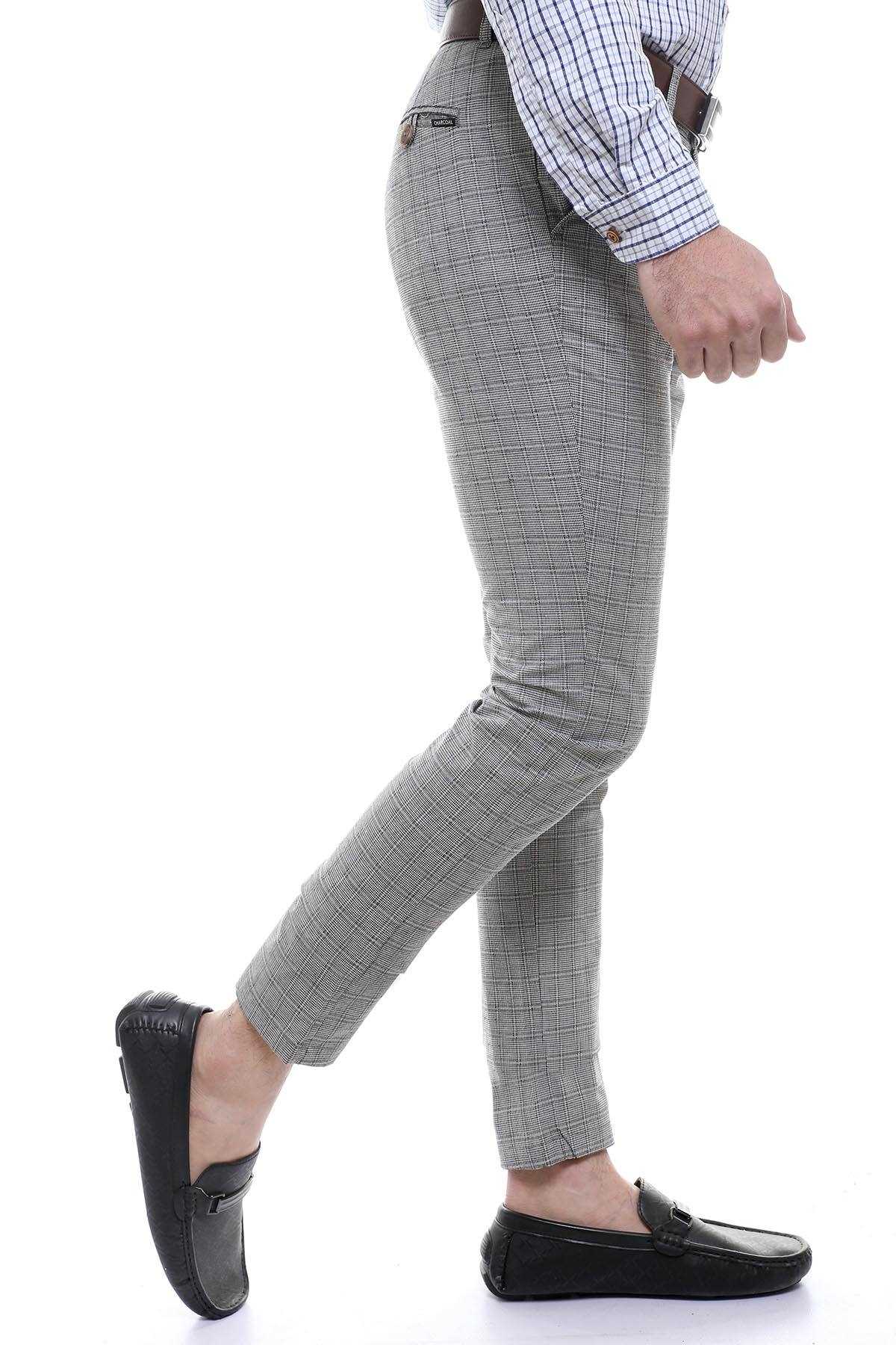Grey check slim trousers with tapered ankle and belt loop close-up