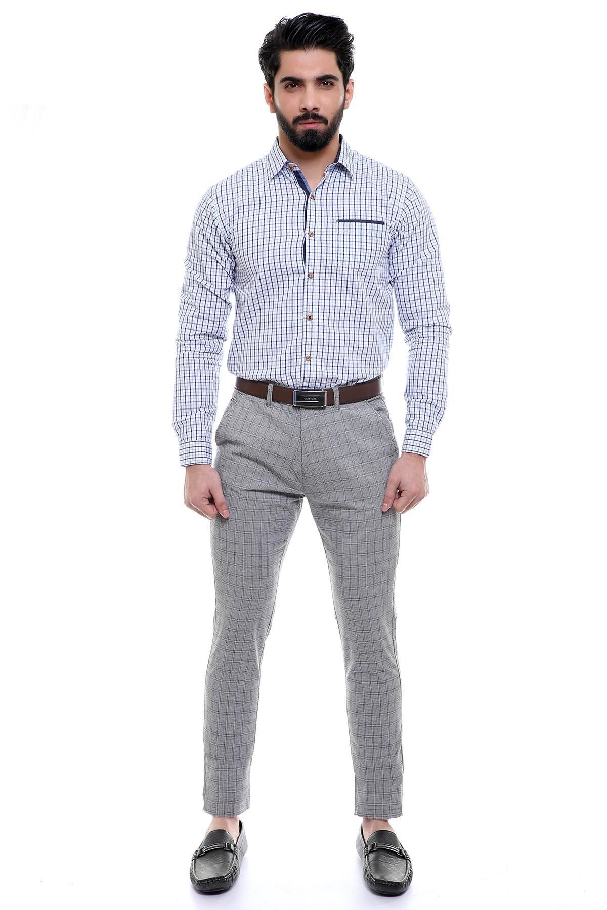Men's grey check slim-fit trousers with belt and front button closure