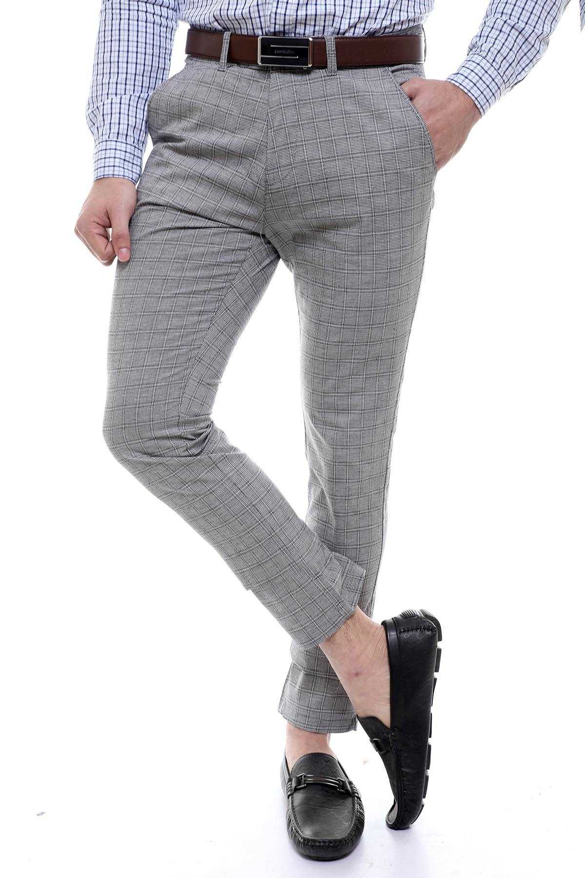 Grey check slim trousers with belt, zip fly, and side pocket detail