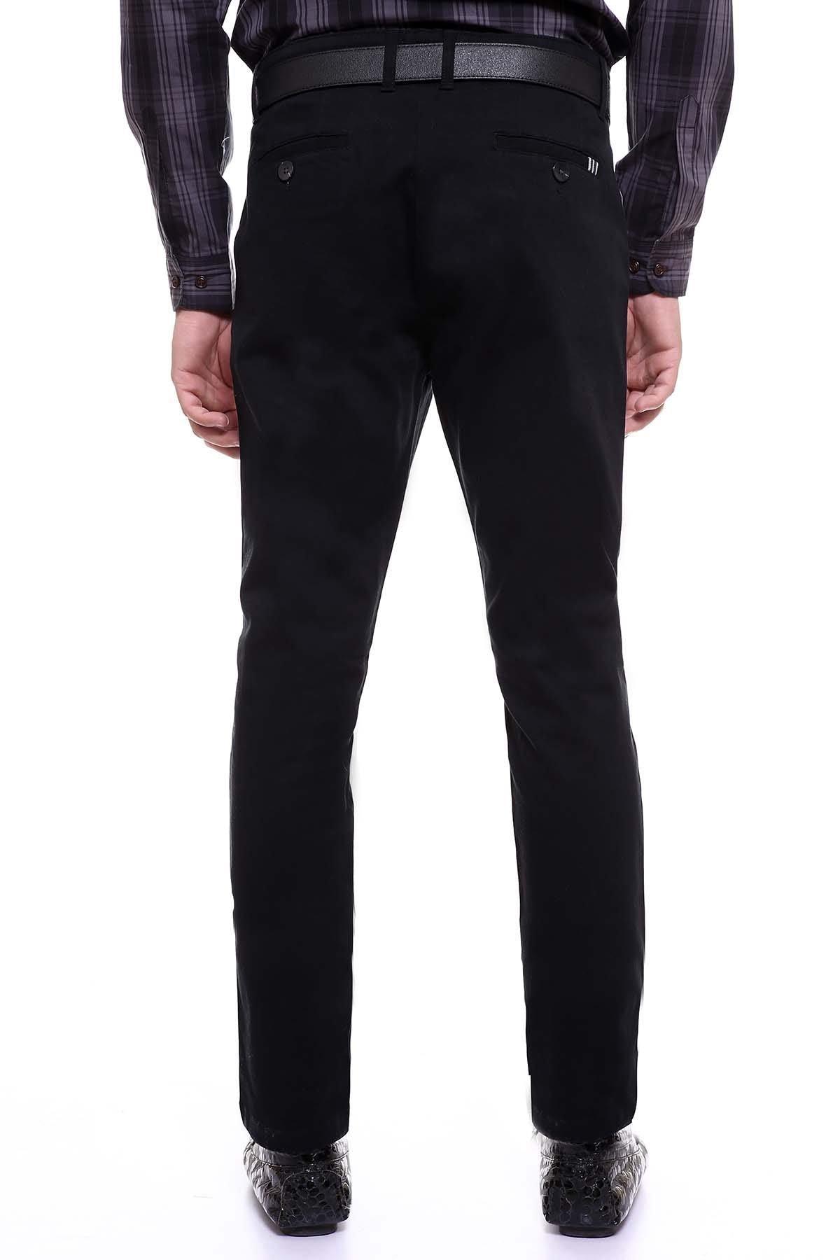 Black dress trousers front view with button fly and cross pockets, slim straight fit