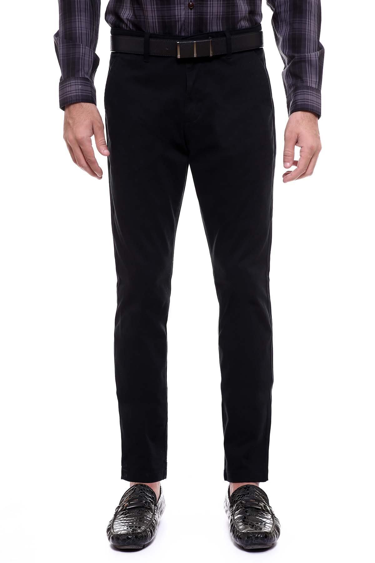 Black dress trousers with cross front pockets, belt loops, straight legs