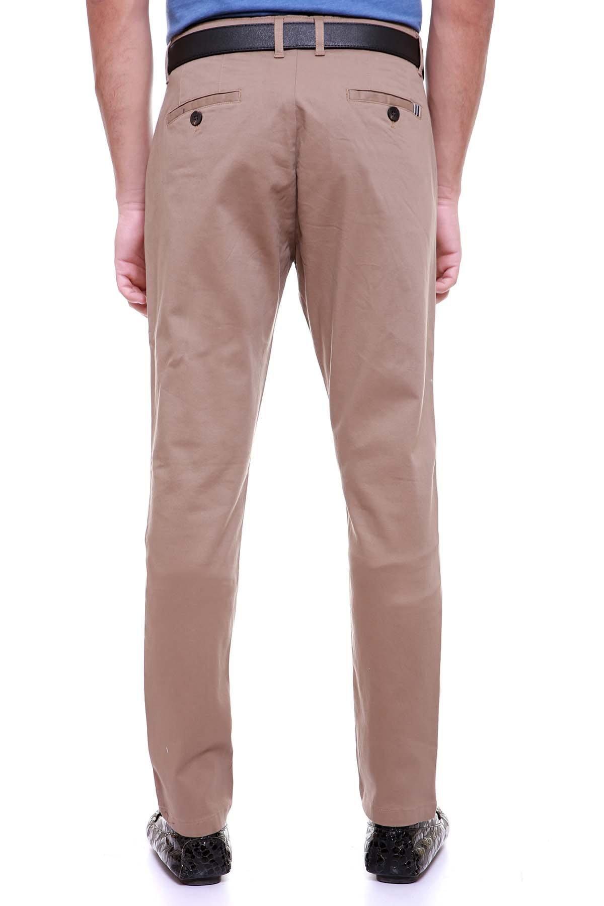 Tan trousers with belt loops and buttoned front, straight leg, front view