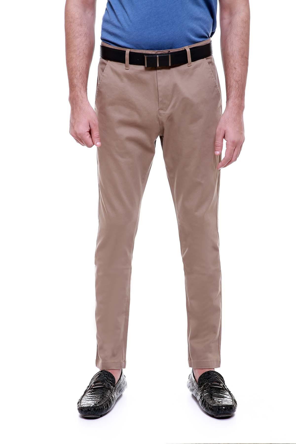 Tan brown trousers with cross pocket styling and belt loops, front view
