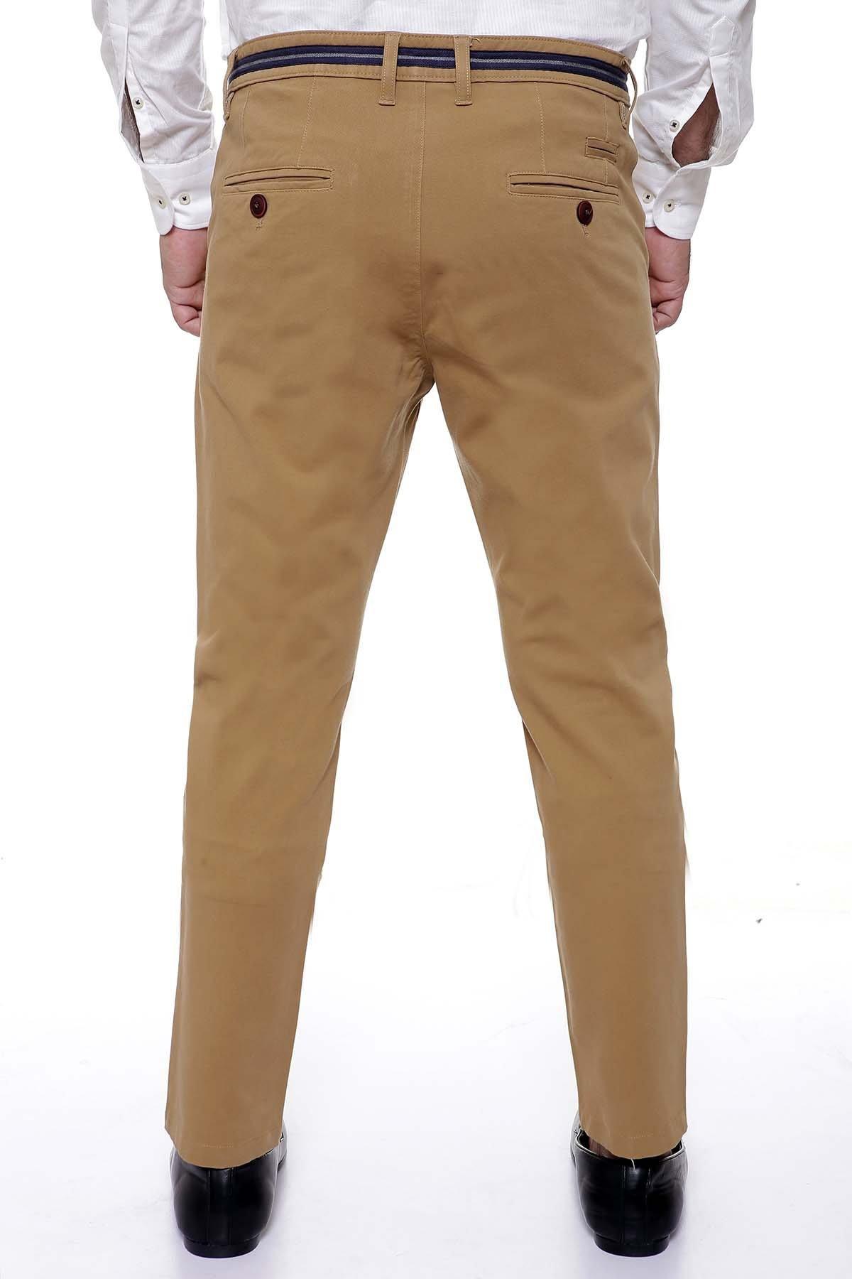 Dark khaki slim-fit pants, back view with waistband and two rear pockets