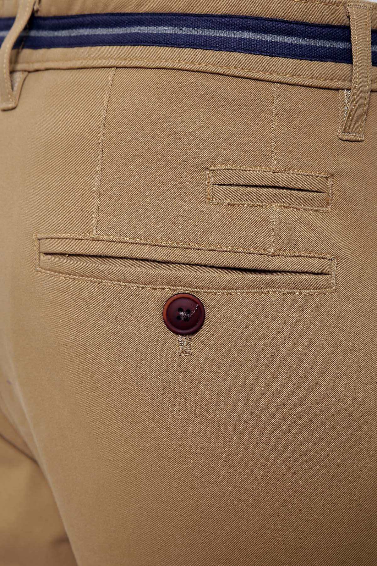 Dark khaki pants close-up of waistband, button, and front pocket detail
