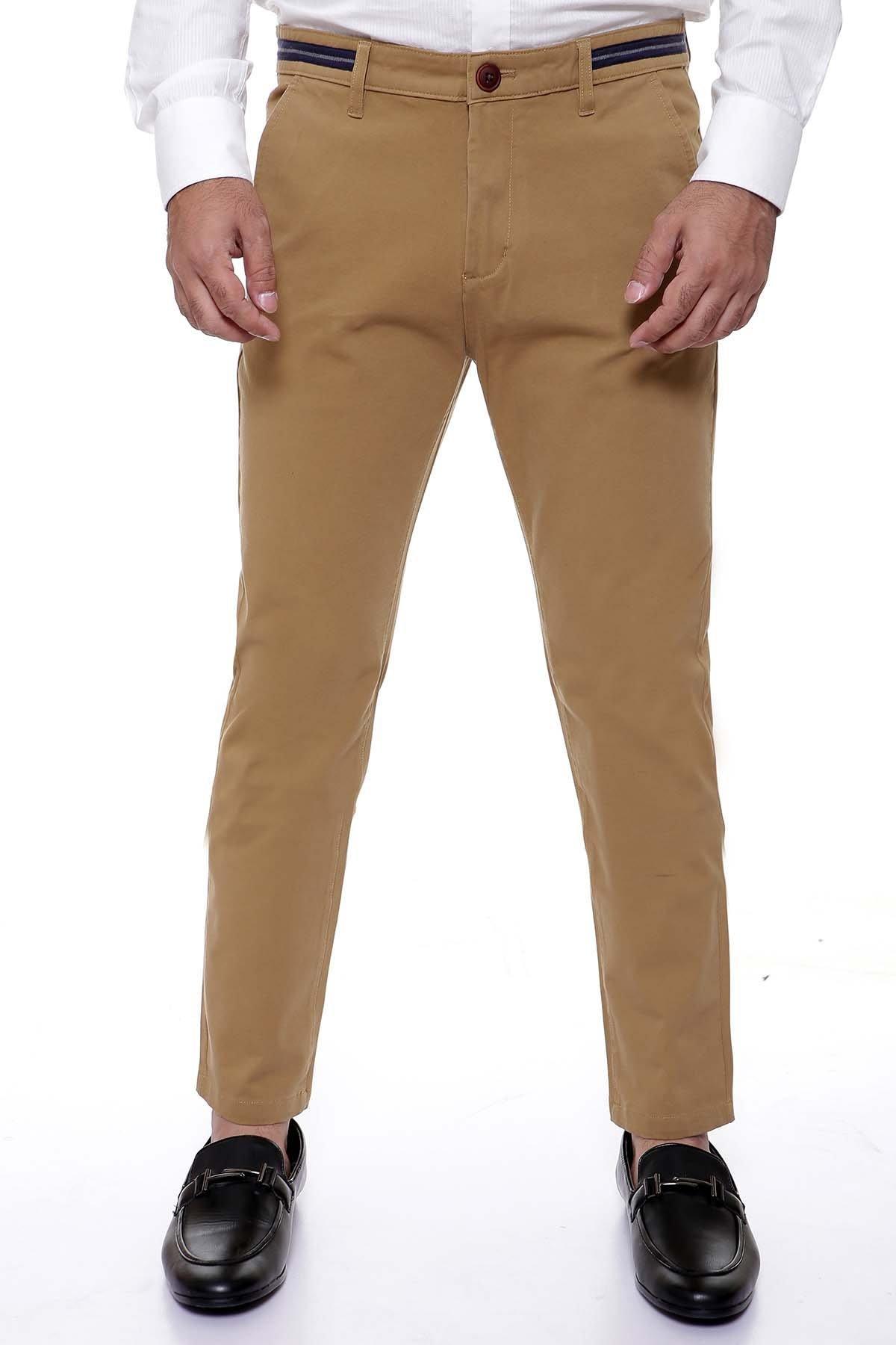 Dark khaki slim-fit pants with front button and classic belt loops
