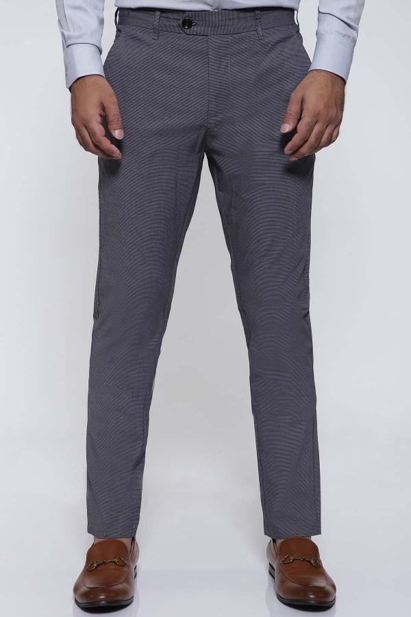 Grey slim trousers with front cross pockets and button closure