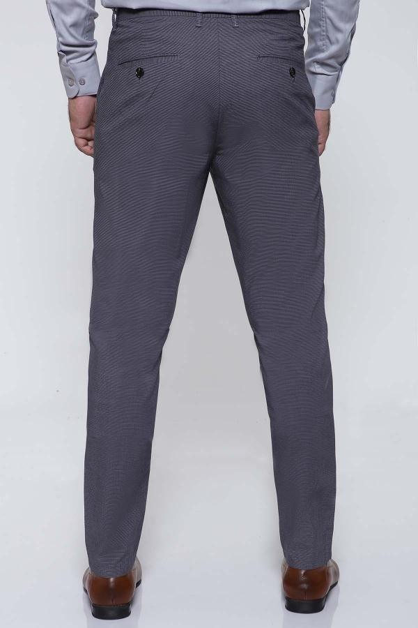 Grey trousers with belt loops, zip fly, and front pockets