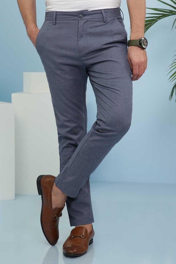 Men's ink blue cross-pocket trousers with belt loops and zip fly