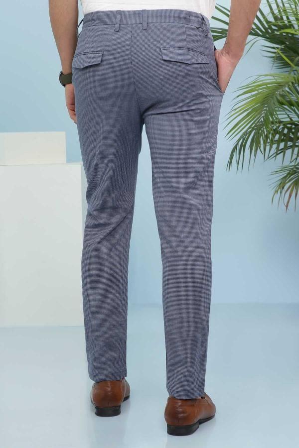 Men's ink blue slim trousers with back welt pockets and belt loops