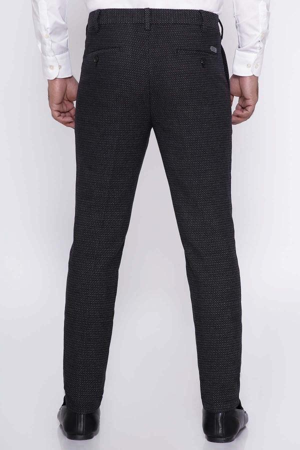 Black textured slim dress pants with belt loops and back pockets