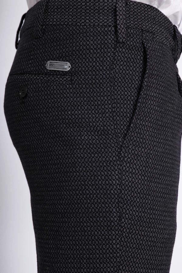 Black textured dress pants with side pocket and waistband button