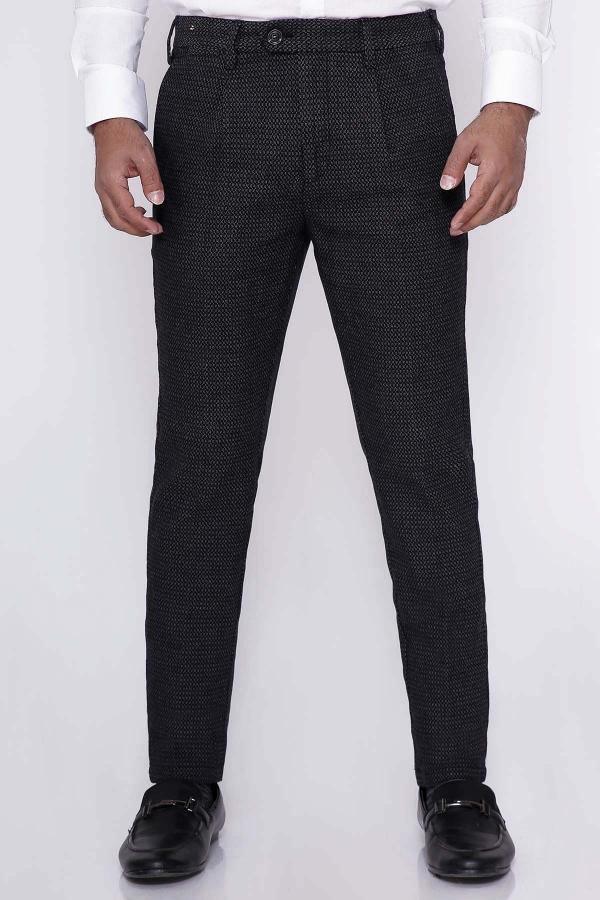 Black textured slim dress pants with front button and pockets