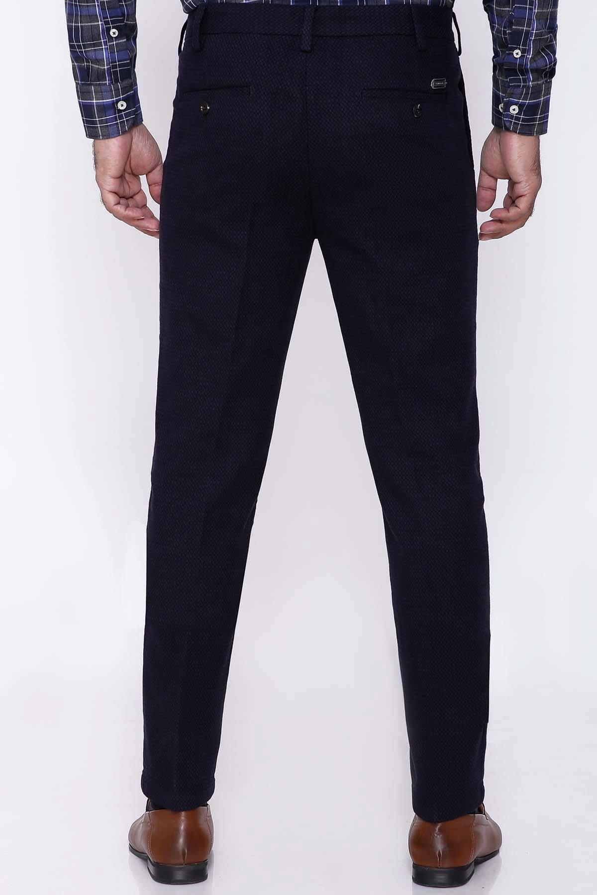 Navy dress pants with belt loops, button waist, slim tapered leg