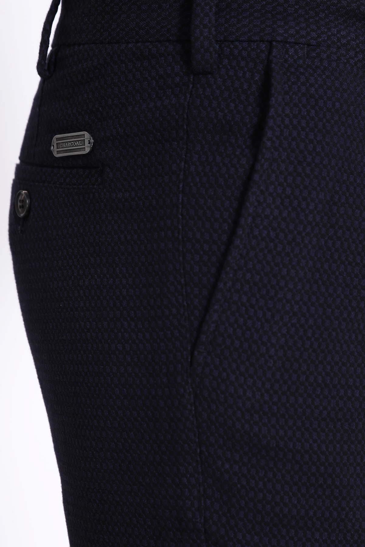 Navy textured dress pants pocket and seam detail