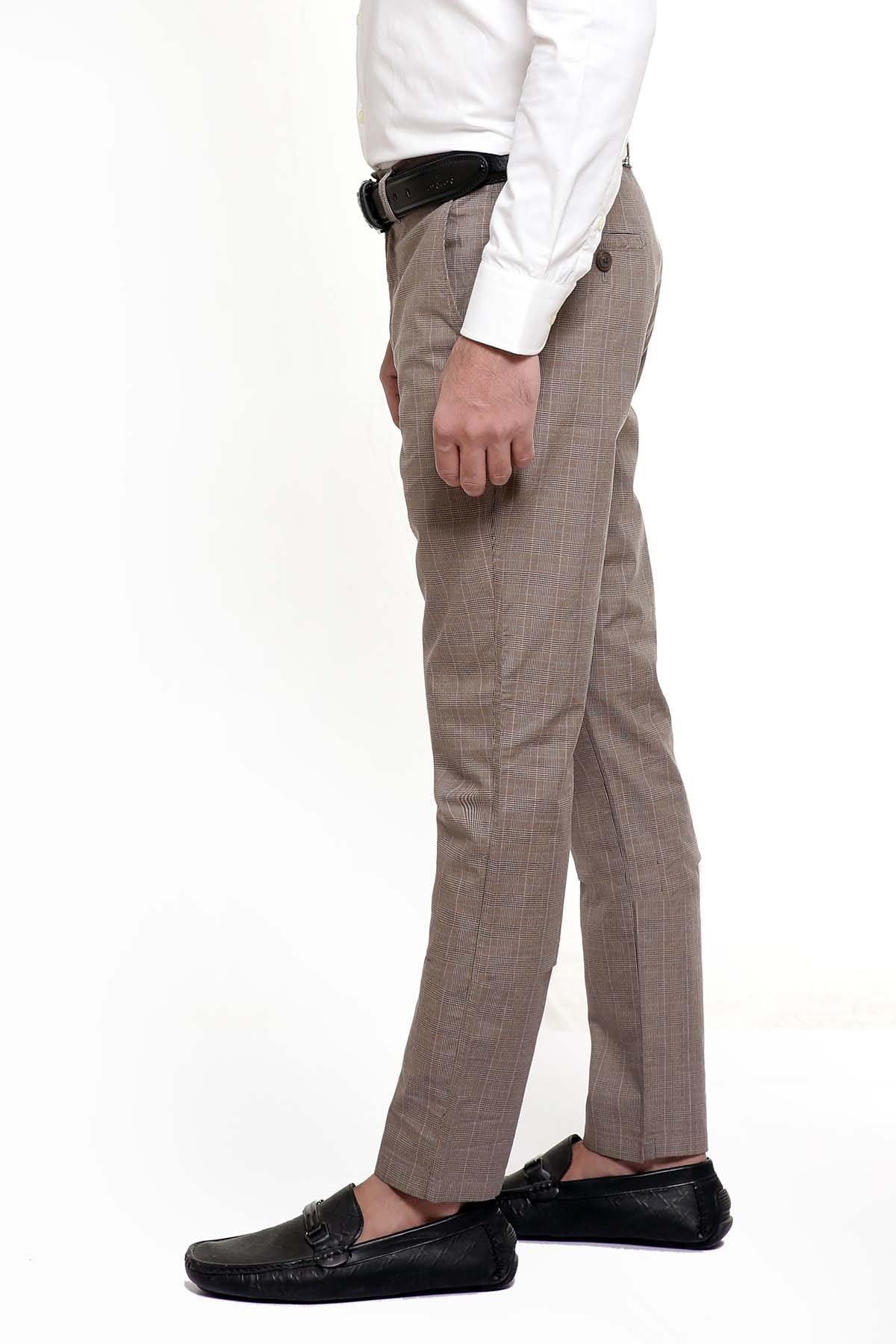 Light brown slim pants side view with cross pocket and cuff