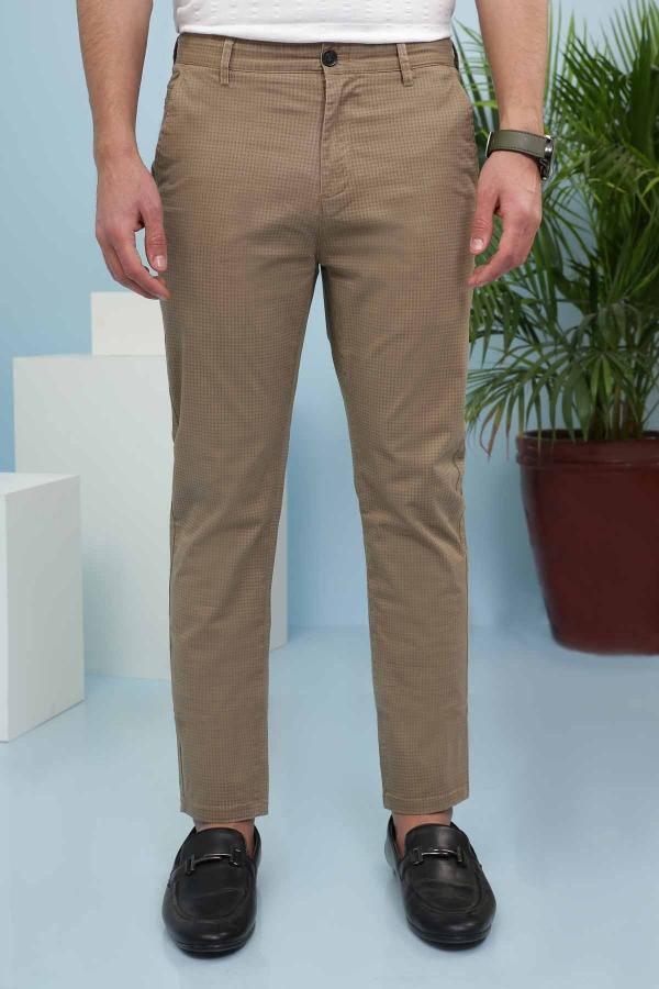 Light brown cross pocket pants with button closure and belt loops
