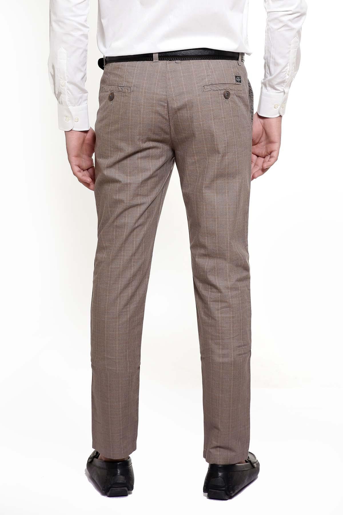 Light brown pants with button waist, front pockets, straight legs