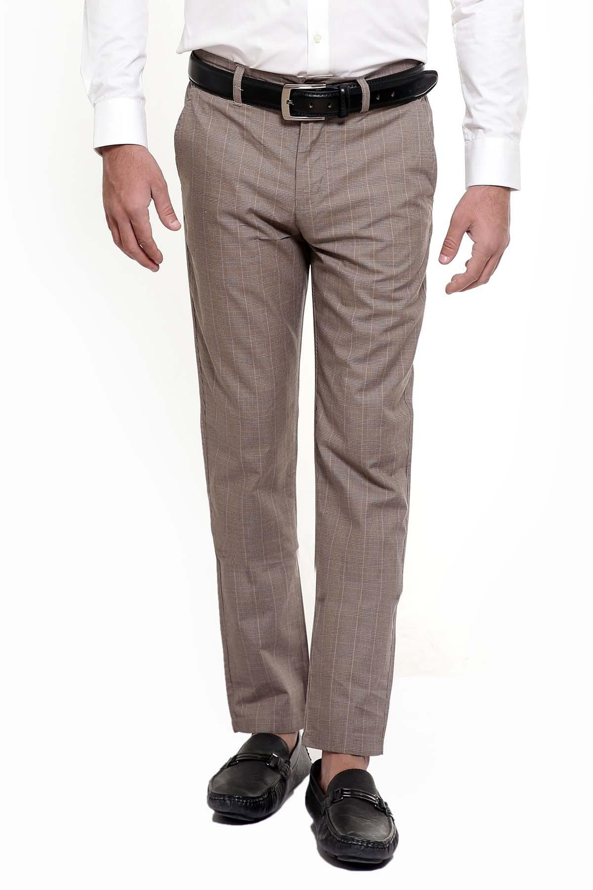 Light brown slim straight pants with cross pockets and belt