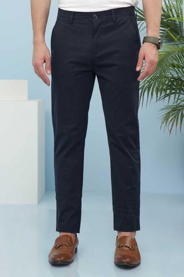 Navy cross-pocket pants with belt loops, button fly, and slim tapered legs
