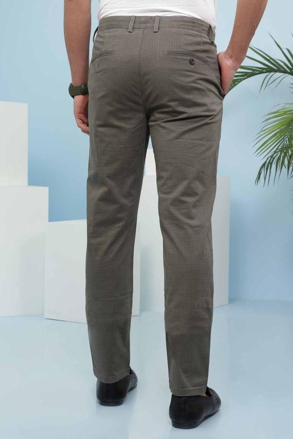 Olive green pants with belt loops and back buttoned pocket, straight legs