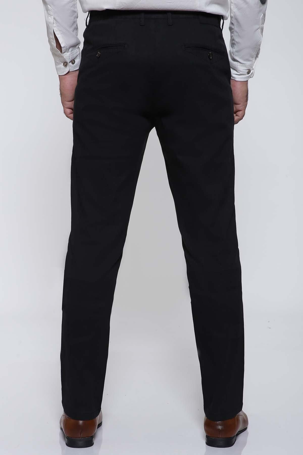 Black slim-fit pants with belt loops and tapered legs, front view