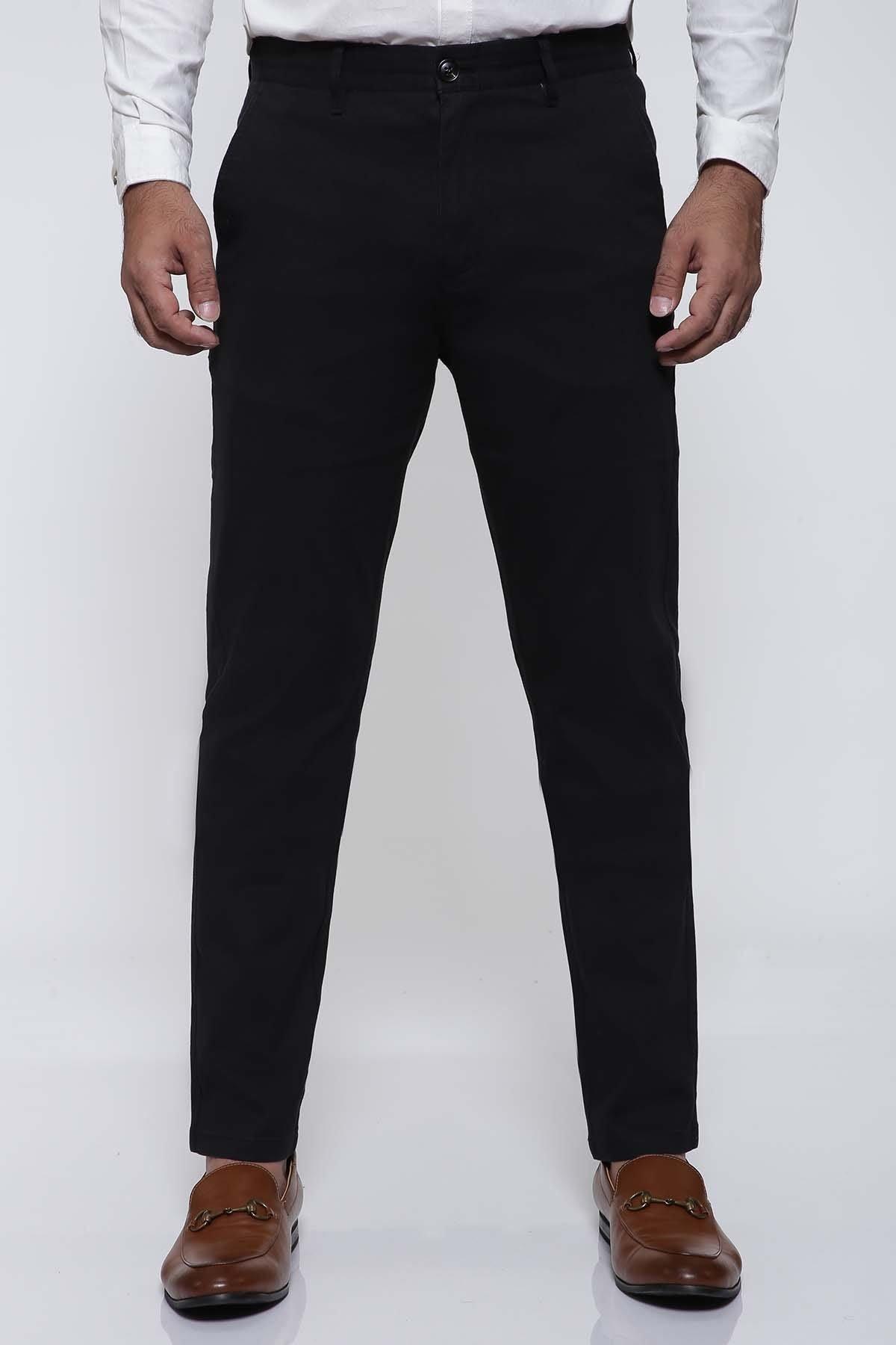 Black slim-fit pants with cross pockets and button closure, front view