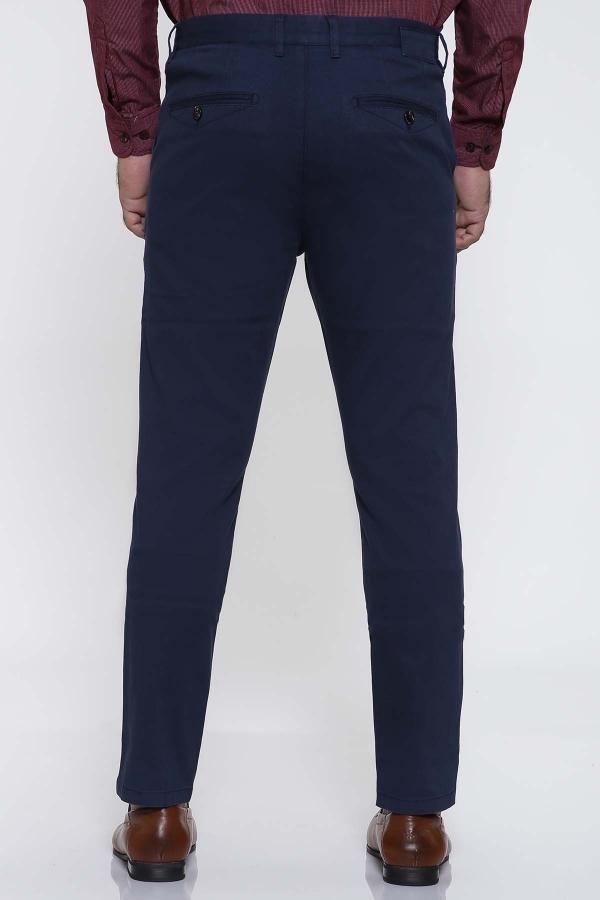 Slim-fit navy cross-pocket pants with zip fly and belt loops