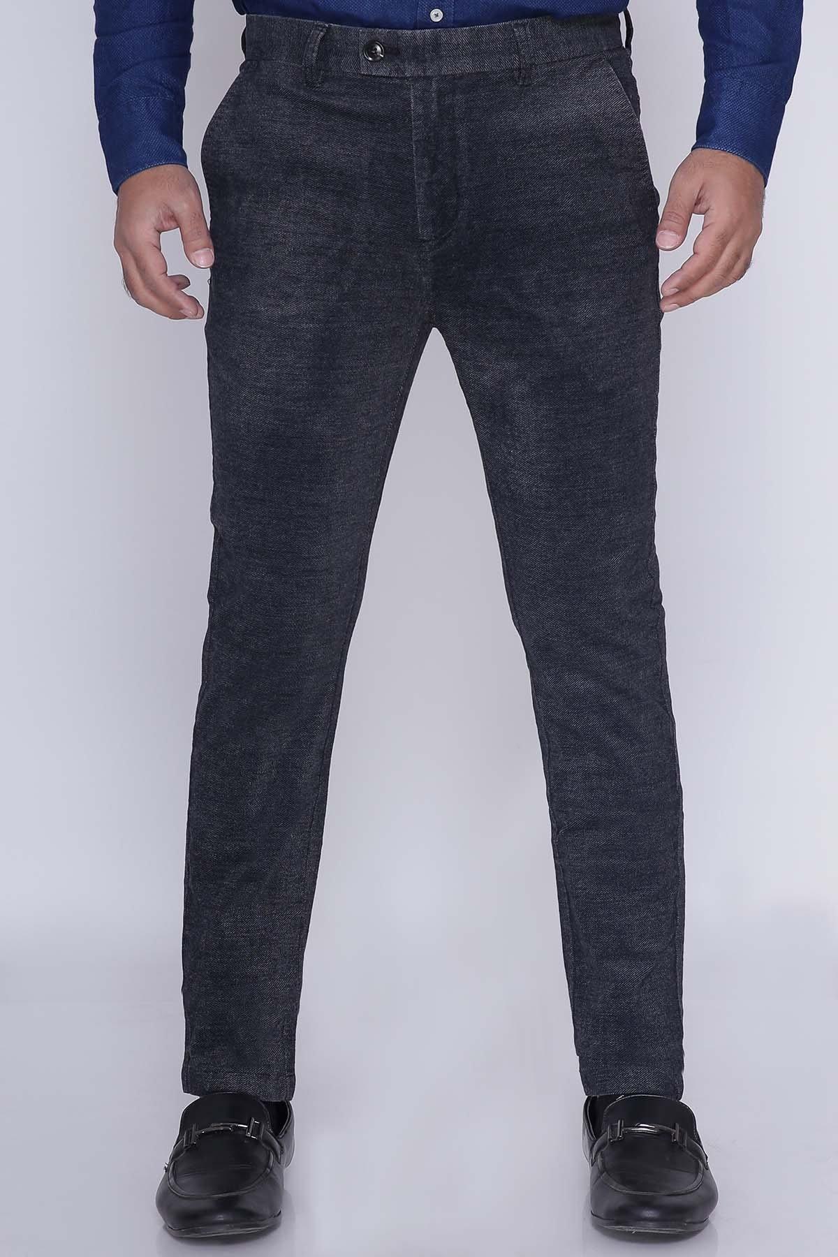 Charcoal smart fit cross-pocket pants with straight legs and dark button closure