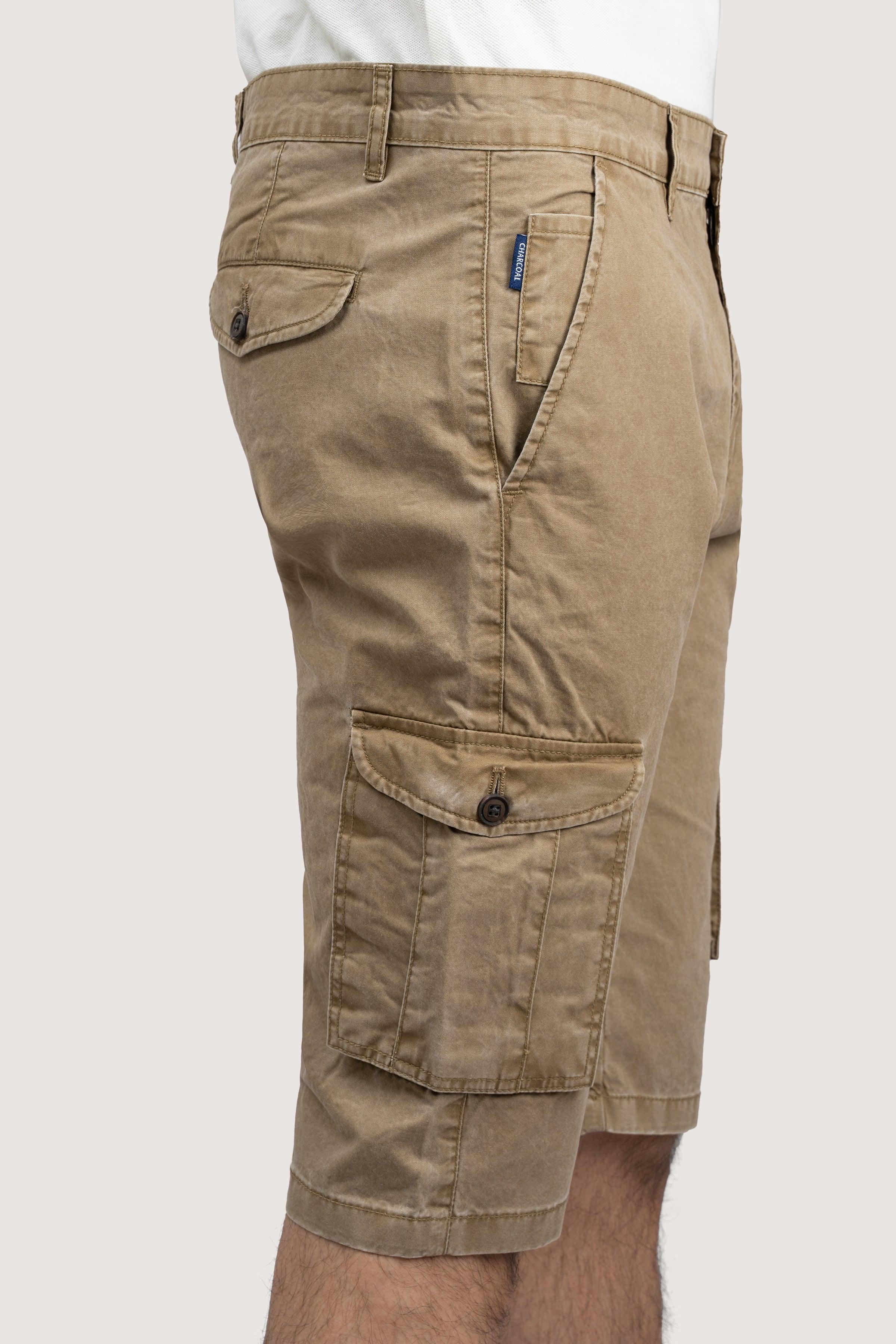 CARGO ENZYME WASHED REGULAR FIT KHAKI SHORTS at Charcoal Clothing
