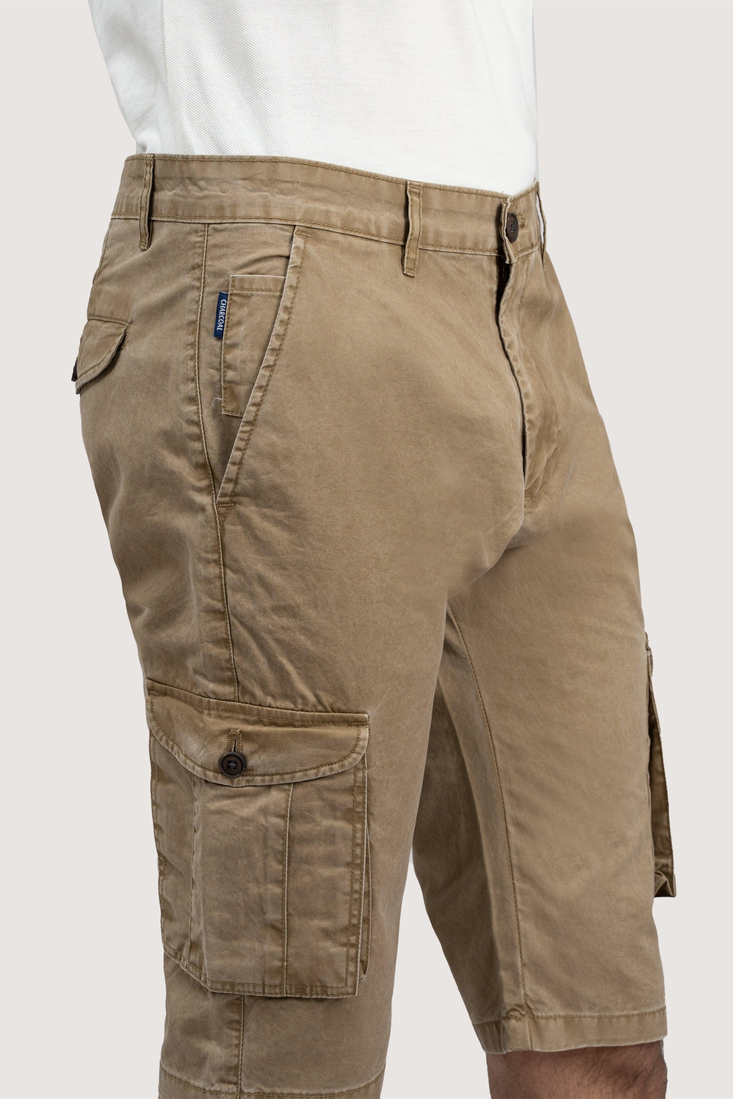 CARGO ENZYME WASHED REGULAR FIT KHAKI SHORTS at Charcoal Clothing