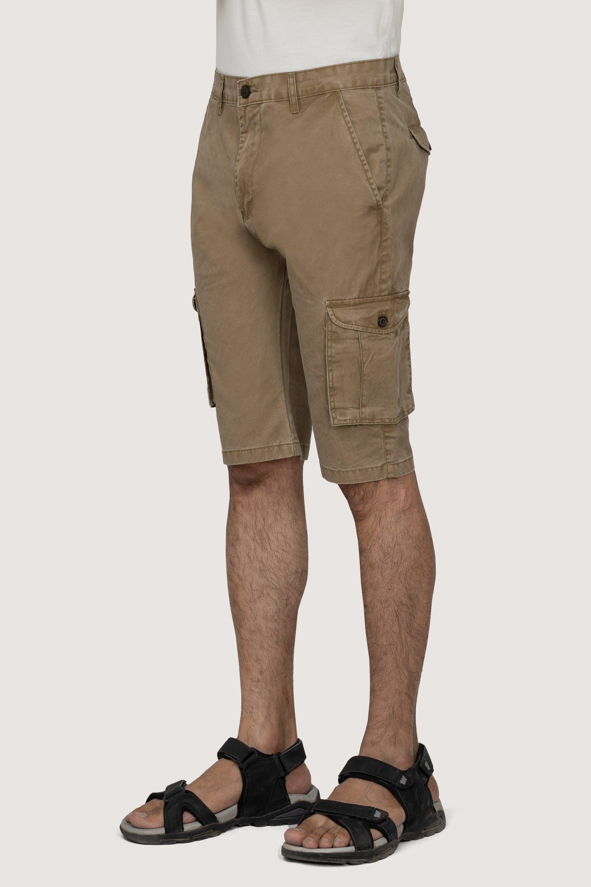 CARGO ENZYME WASHED REGULAR FIT KHAKI SHORTS at Charcoal Clothing