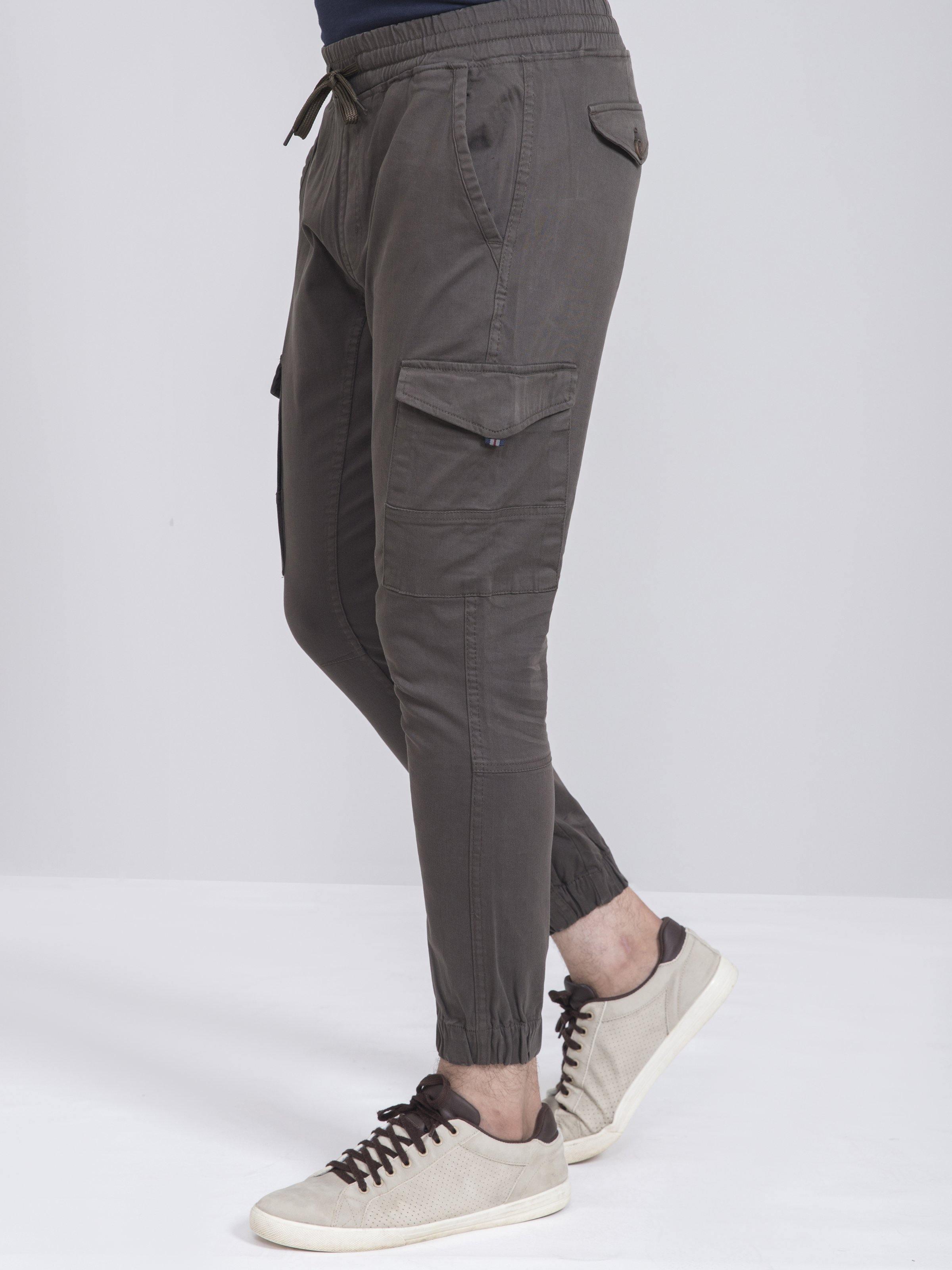 Cargo jogger trousers with side pockets, cuffed ankle, and drawstring waistband