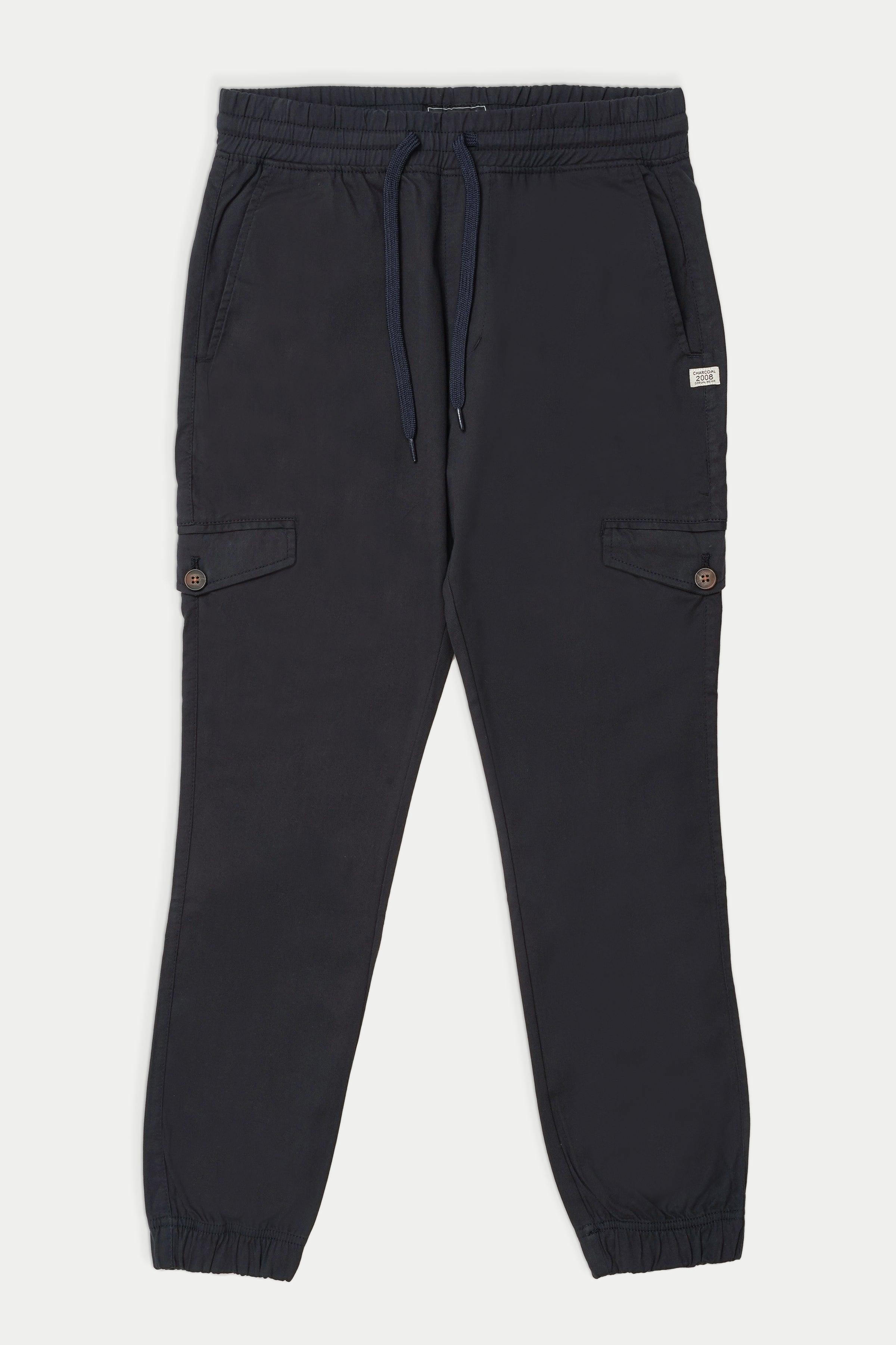 Navy cargo trousers with drawstring waist and two side flap pockets