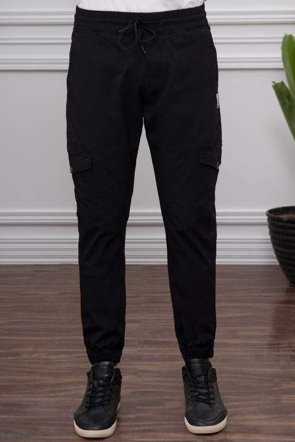 Slim-fit cargo trousers in black with drawstring waist and side cargo pockets