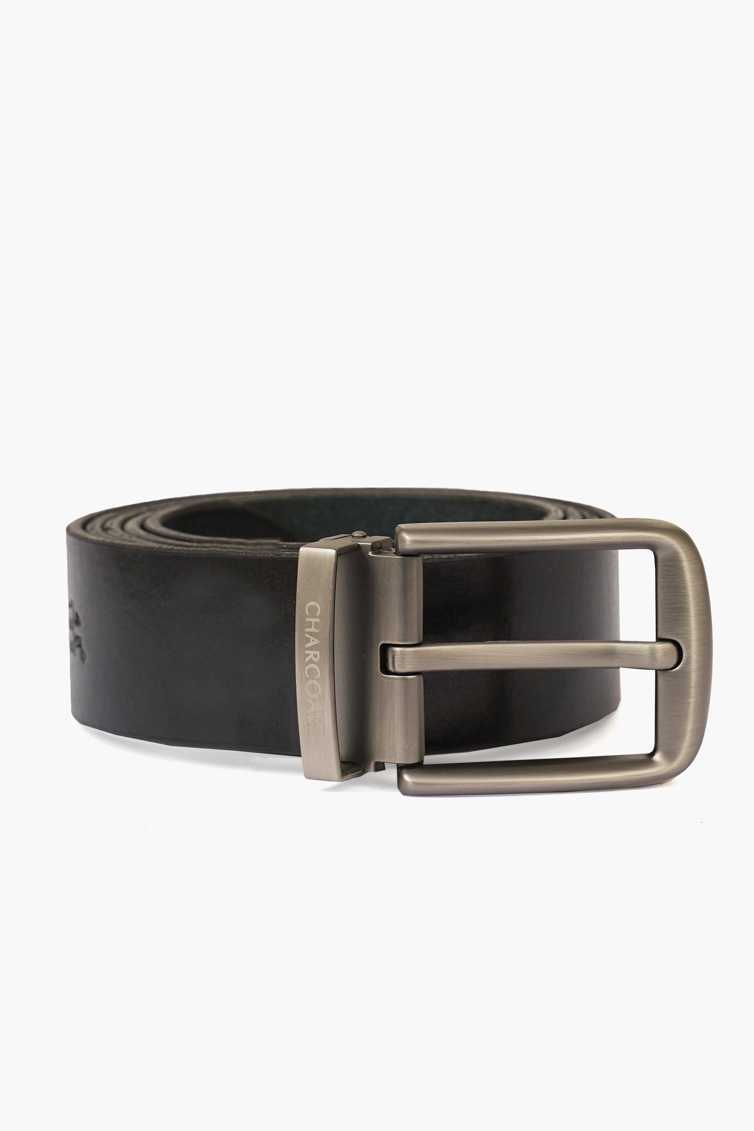 Dark belt with square silver buckle and metal loop keeper