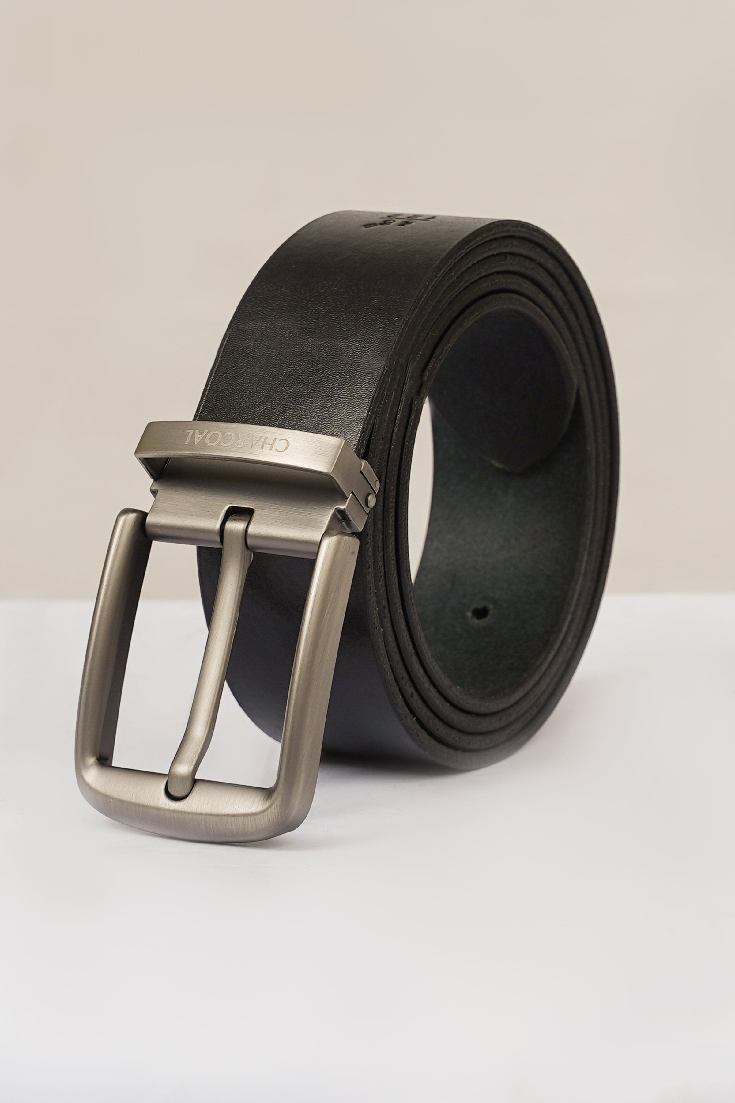 Black casual belt with silver-tone buckle and keeper, stitched edge