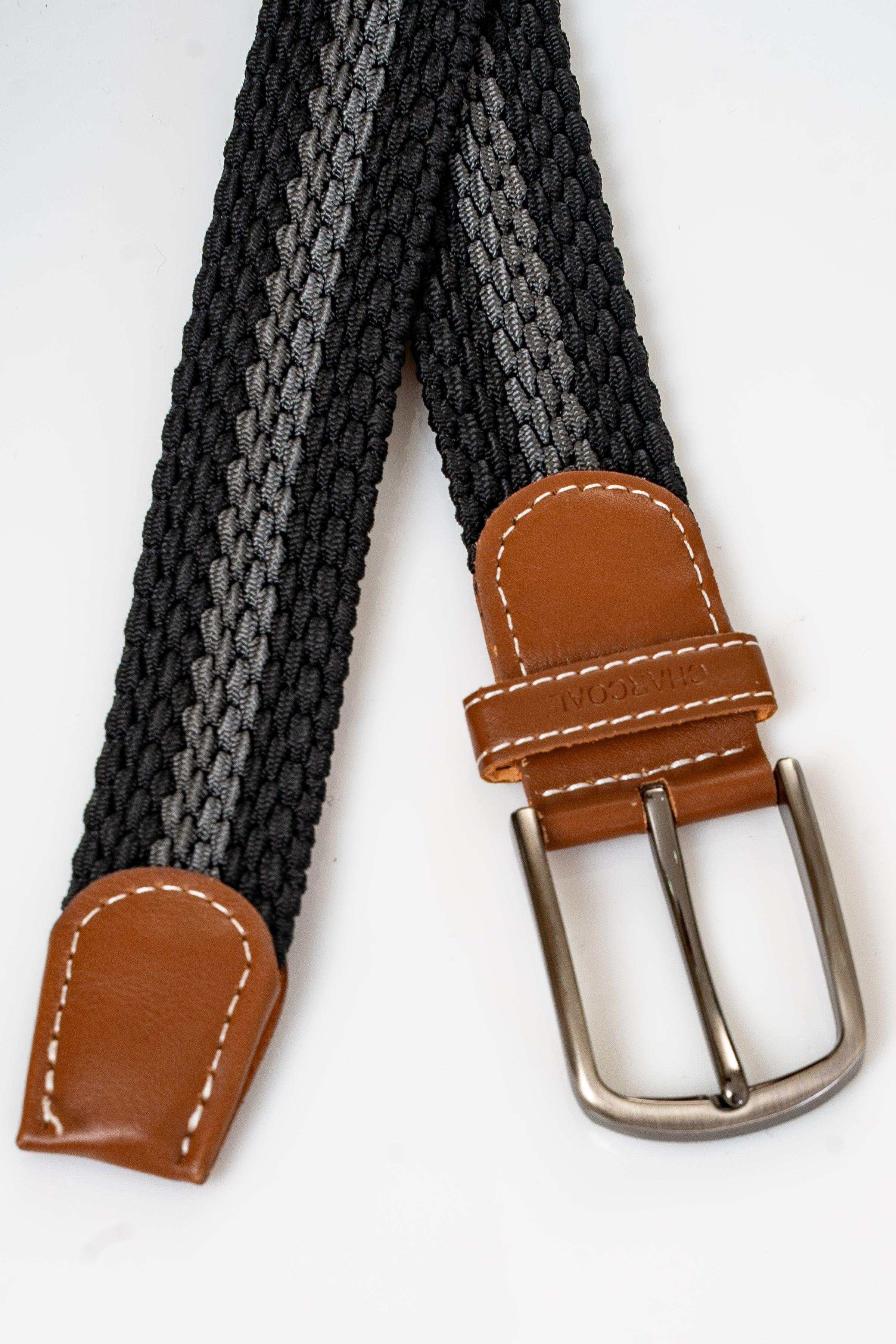 Braided black belt with tan leather ends and silver double-prong buckle