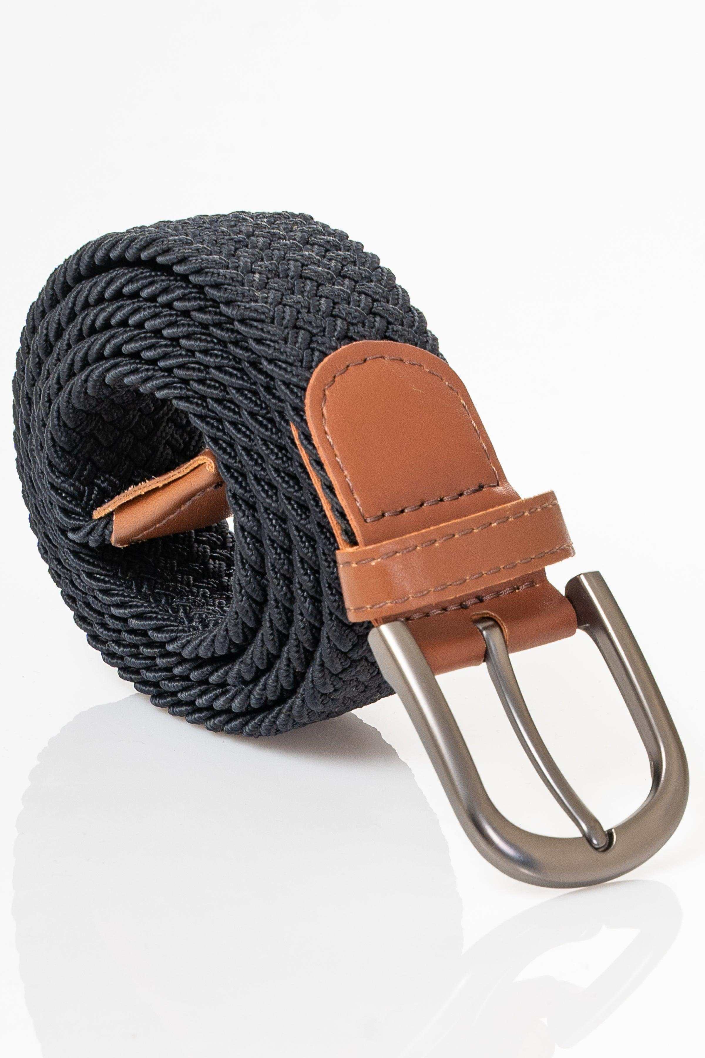 Braided casual belt with dark fabric strap, brown leather keeper, silver metal buckle