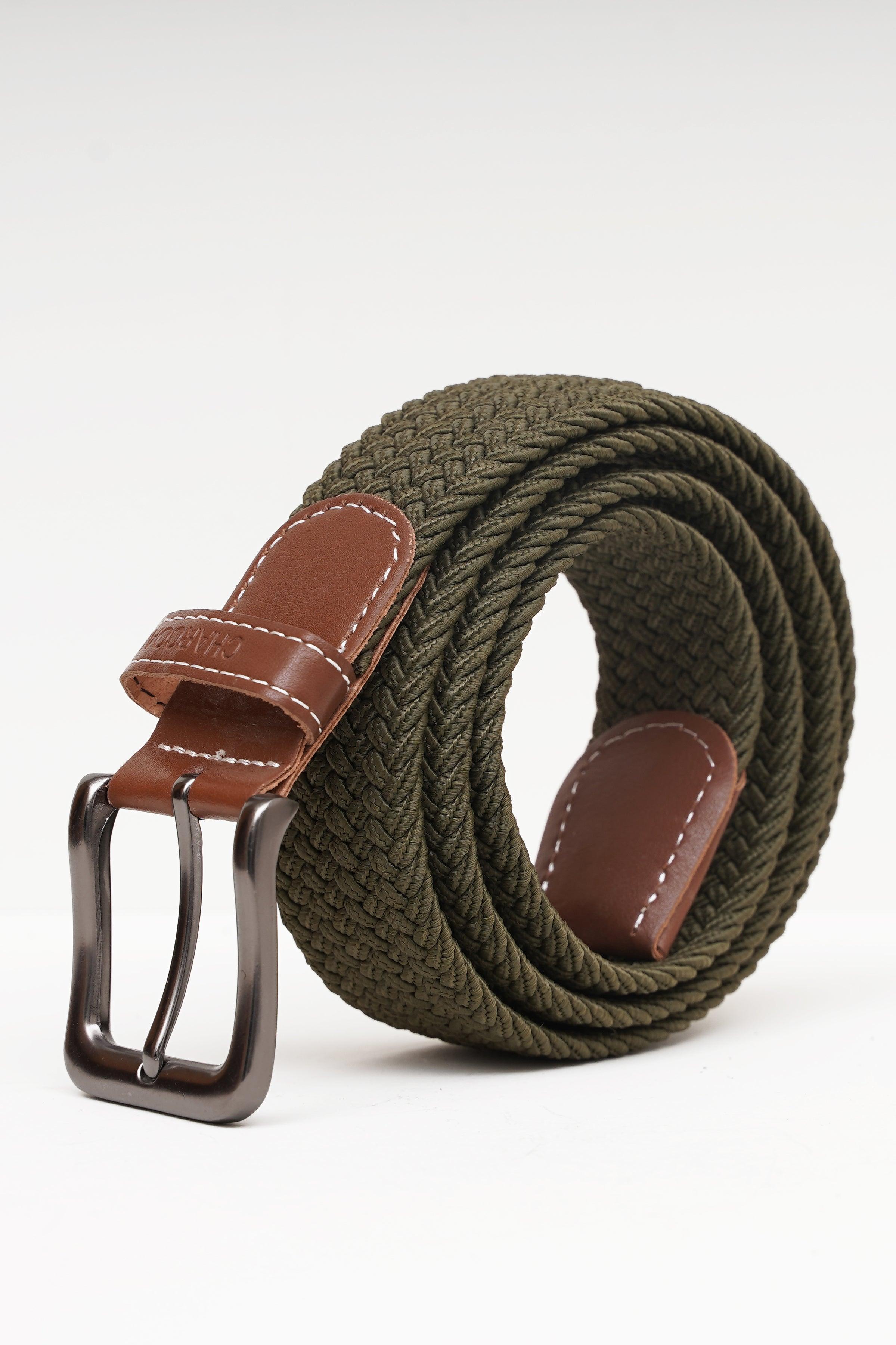 Woven casual belt in olive green with brown leather keeper and silver-tone buckle