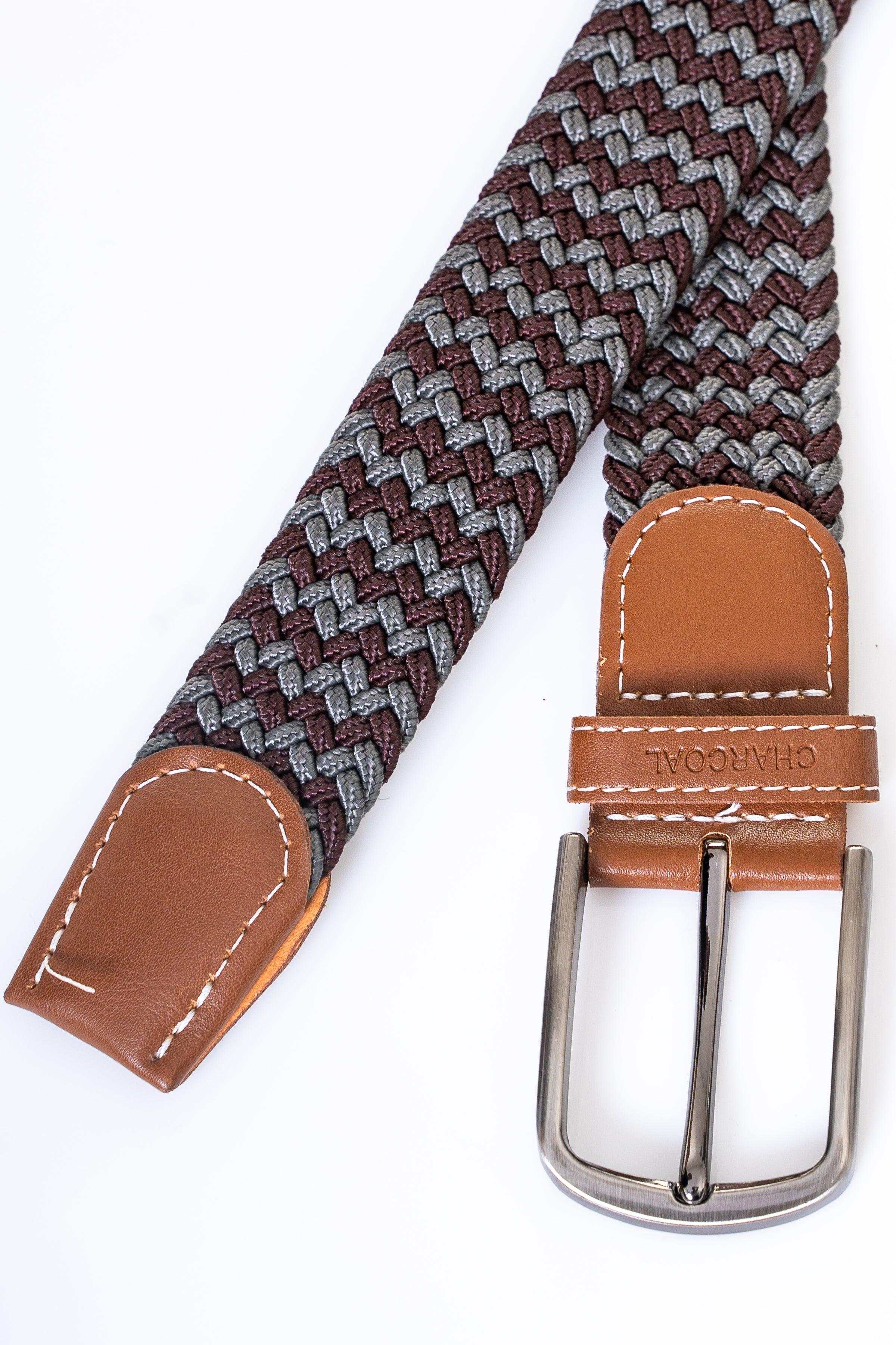 Braided tie-style casual belt with tan leather patches and silver adjustable buckle