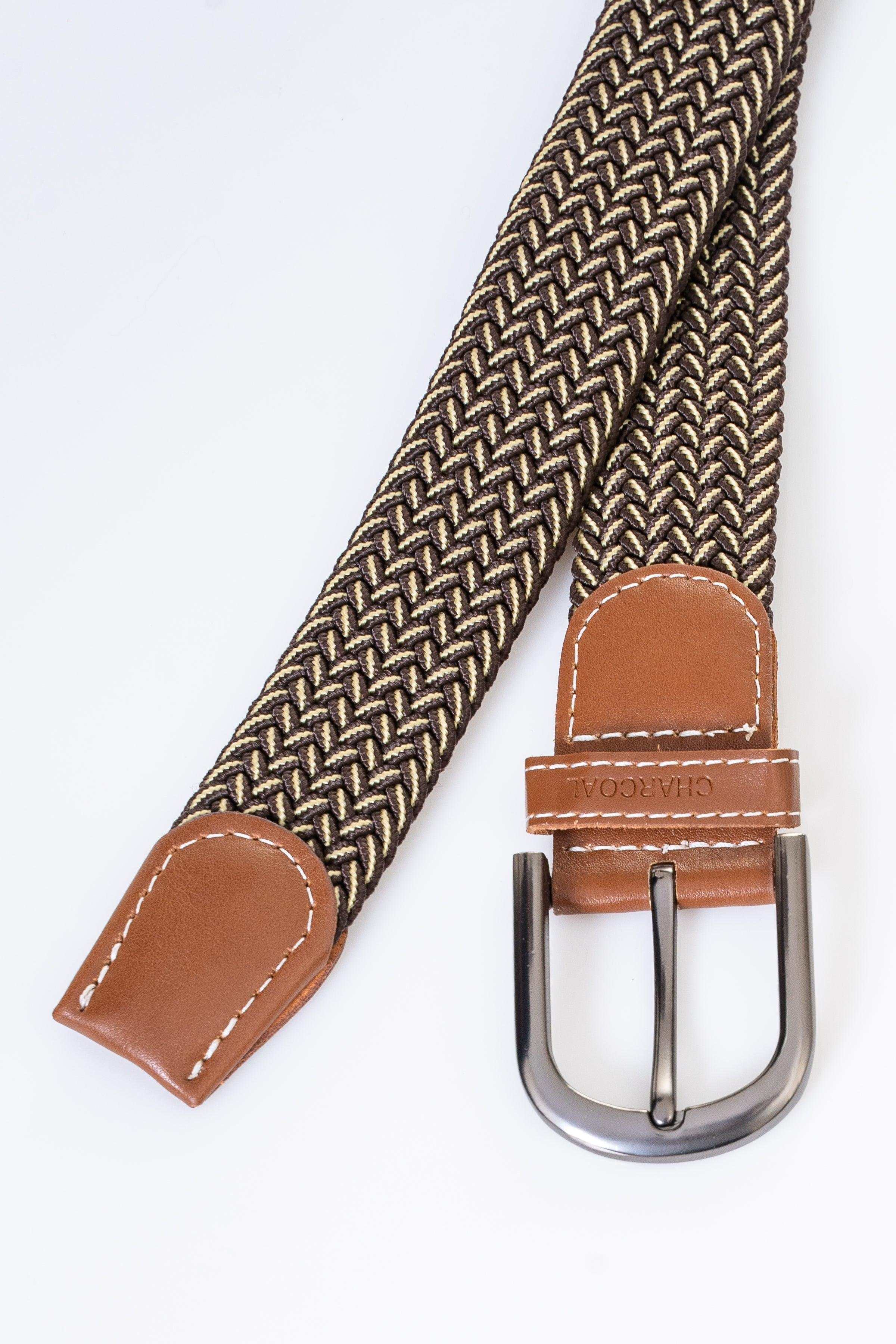 Braided belt with two tan leather ends and silver roller buckle