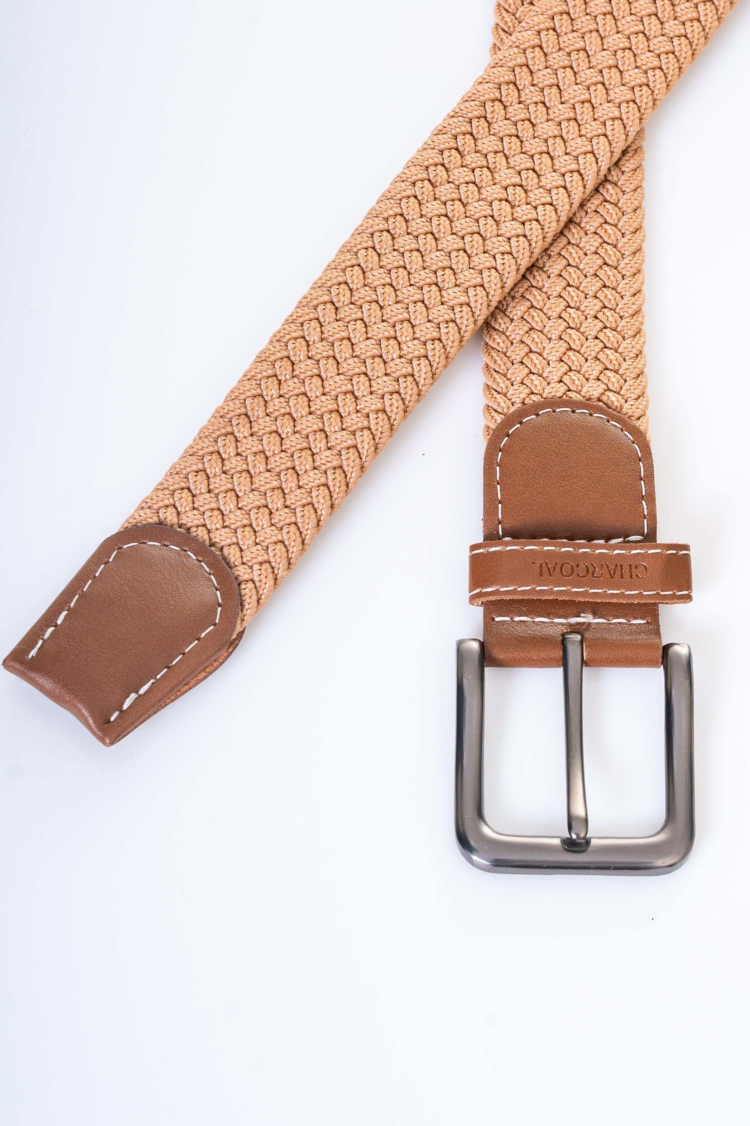 Casual belt with tan woven webbing, brown leather keeper and silver buckle.