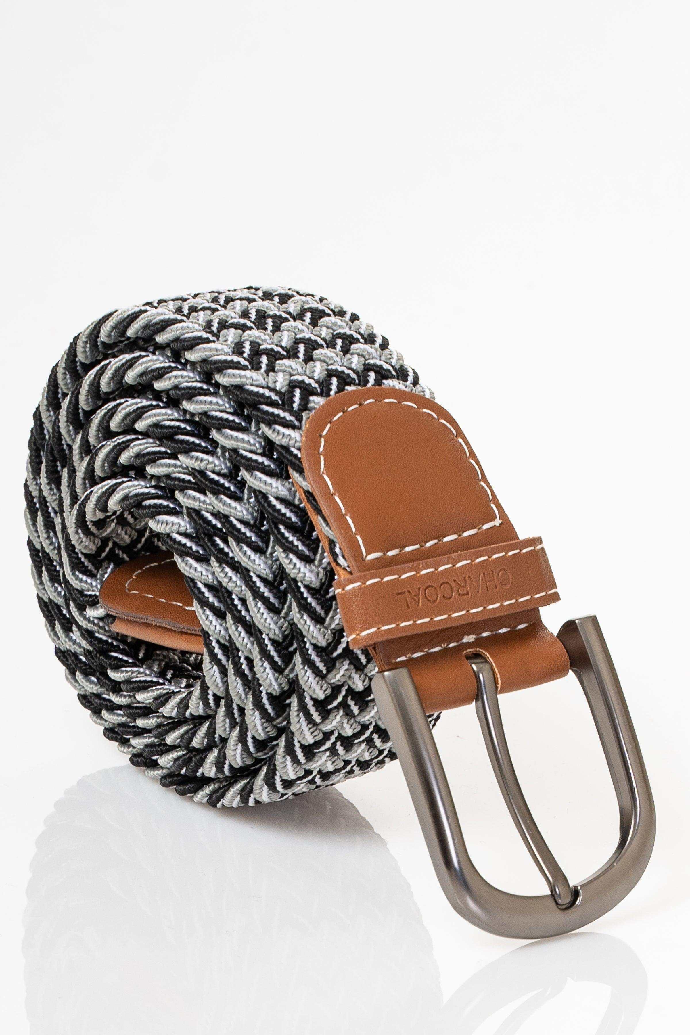 Woven casual belt, black-and-white herringbone weave with brown leather buckle