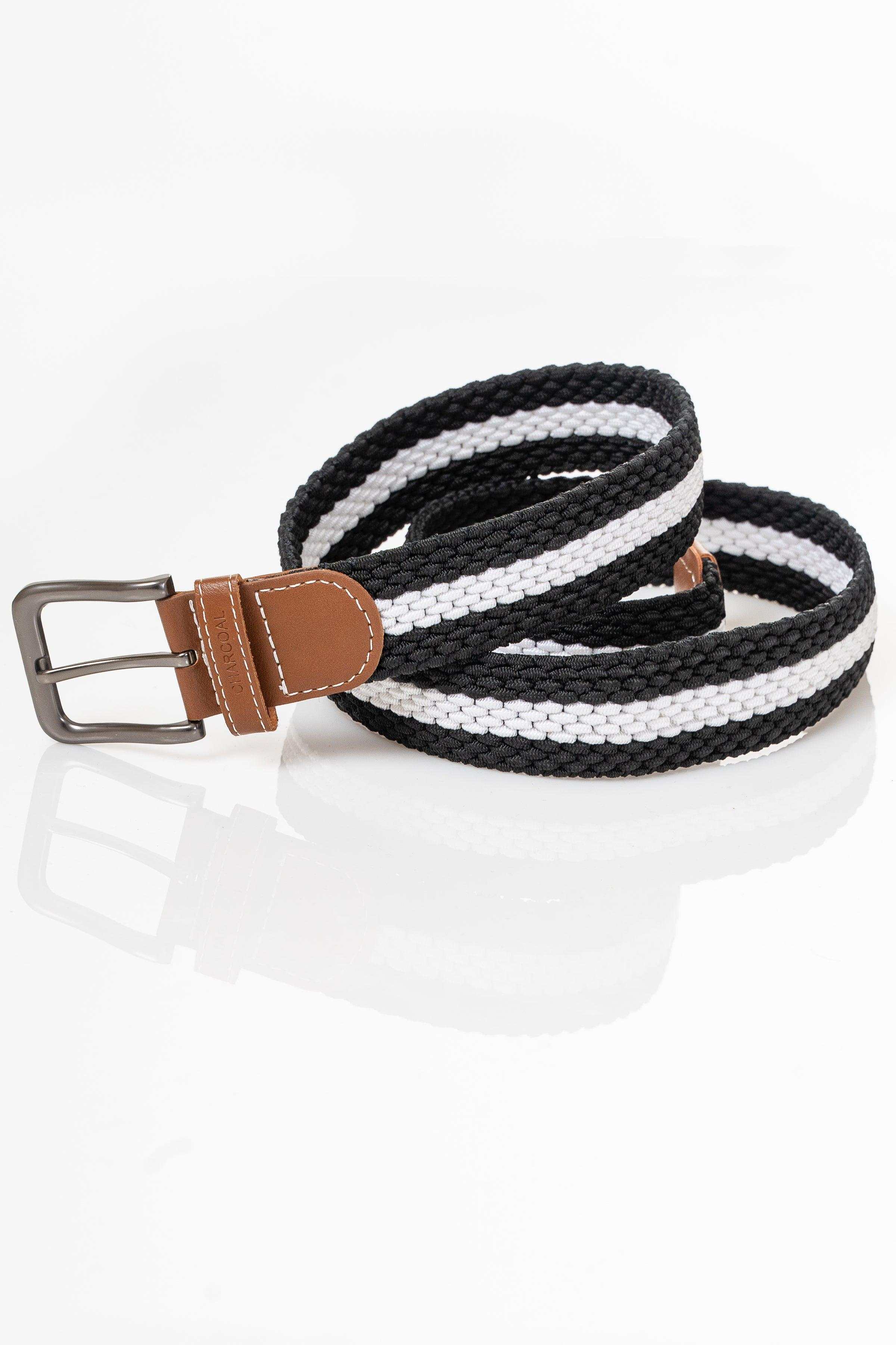 Striped braided casual belt with brown leather buckle tab and silver metal buckle