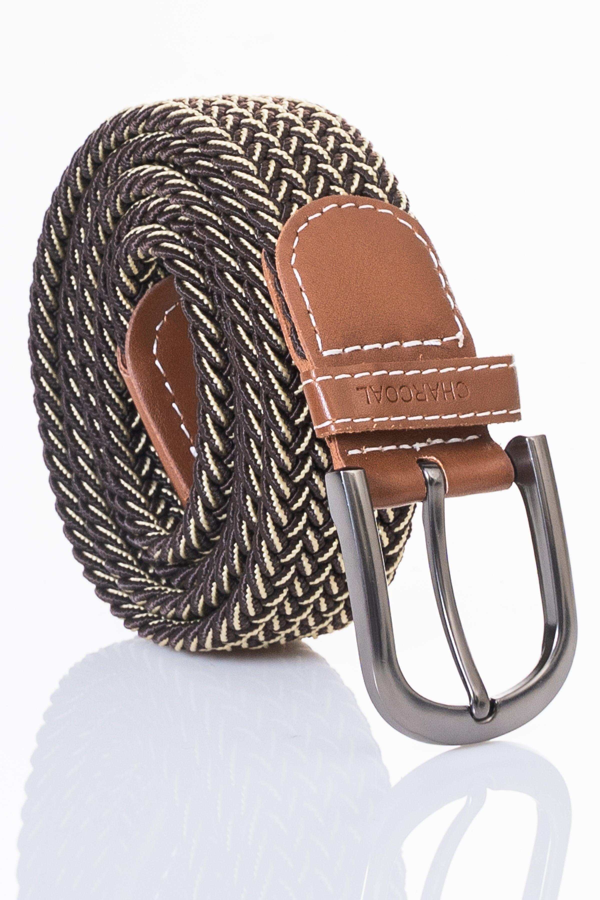 Braided fabric casual belt with tan leather keeper and silver metal buckle
