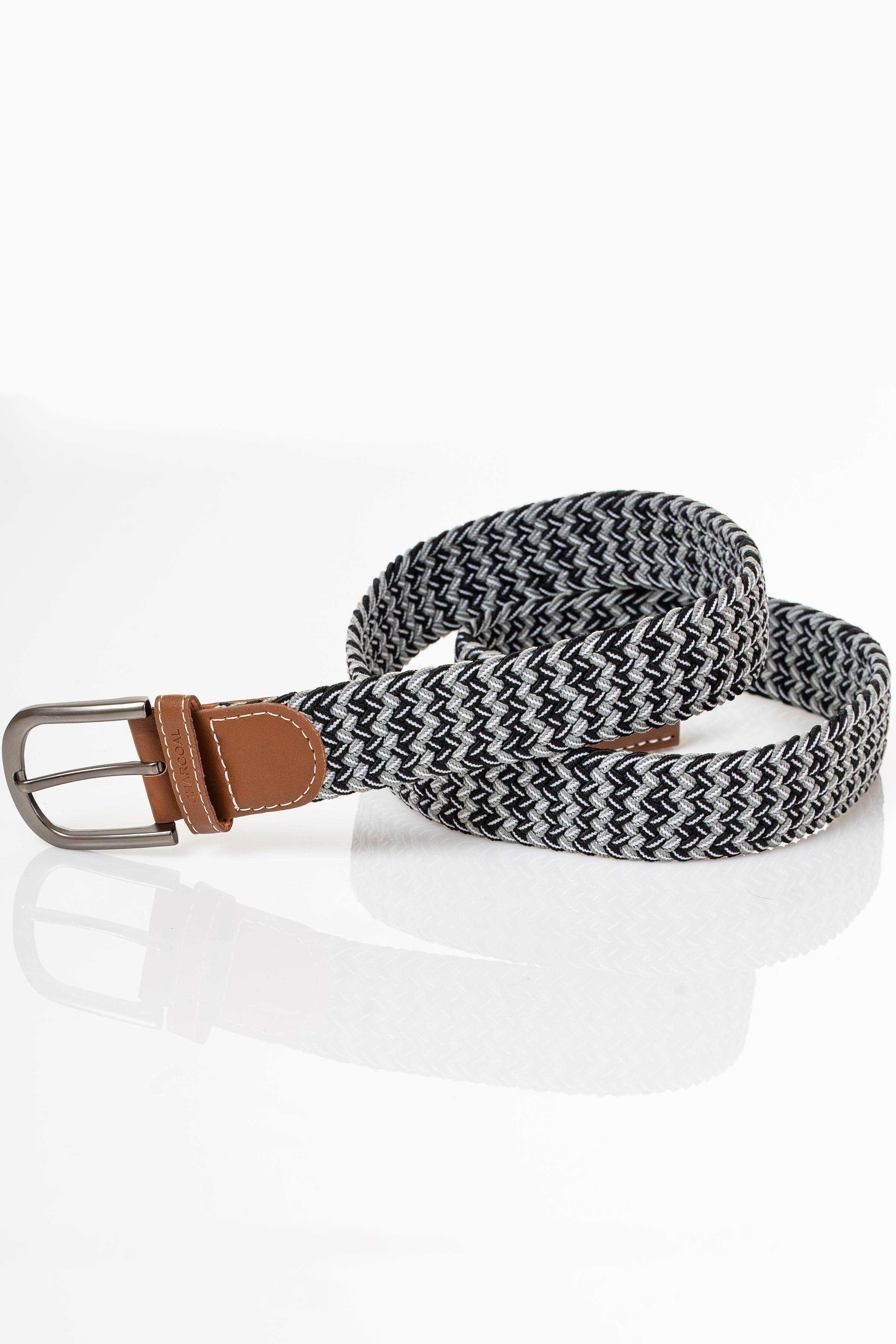 Woven casual belt with herringbone weave, brown leather loop and metal buckle