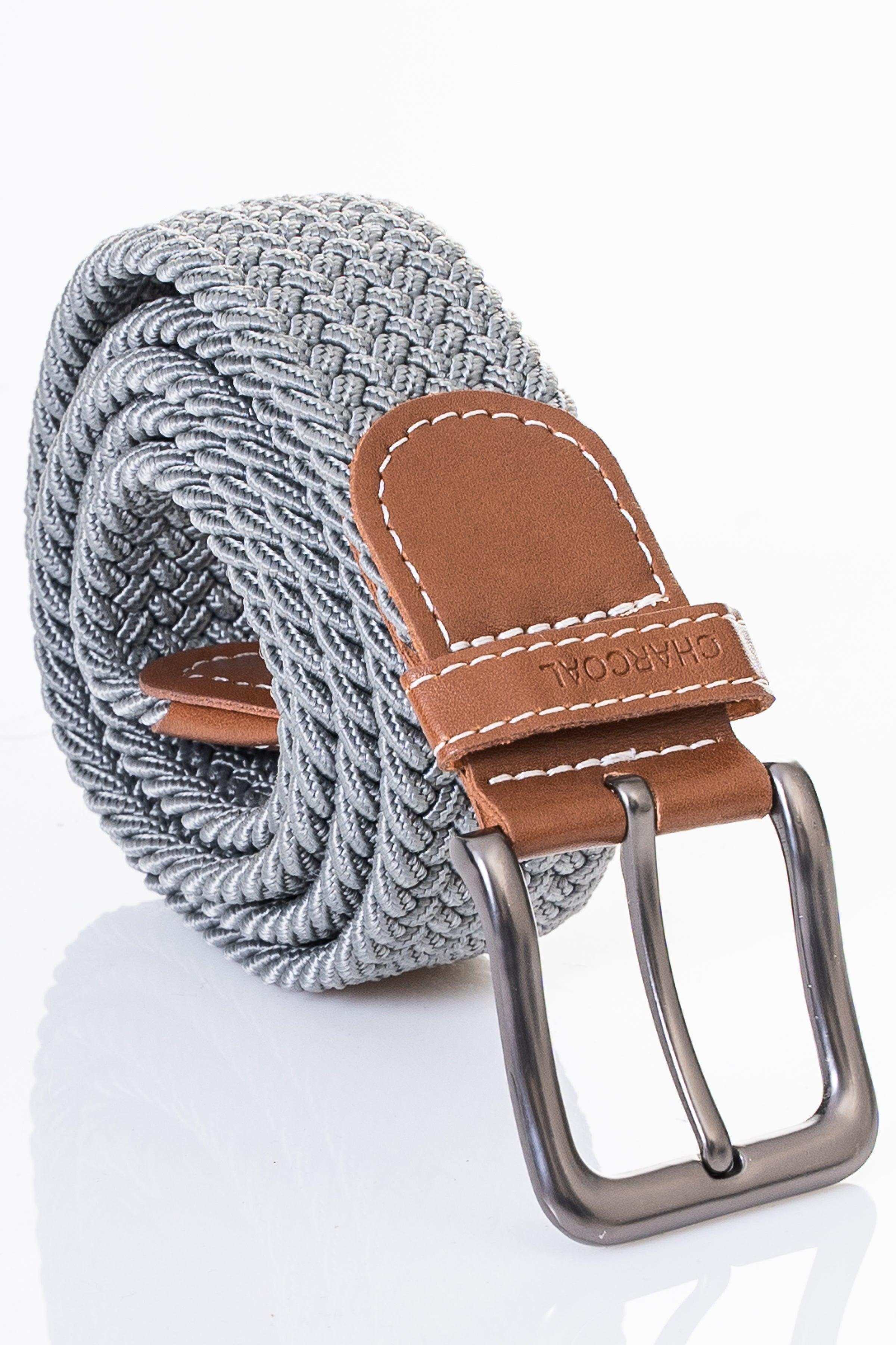 Woven casual belt with dark gray fabric strap, brown leather keepers, and silver buckle.