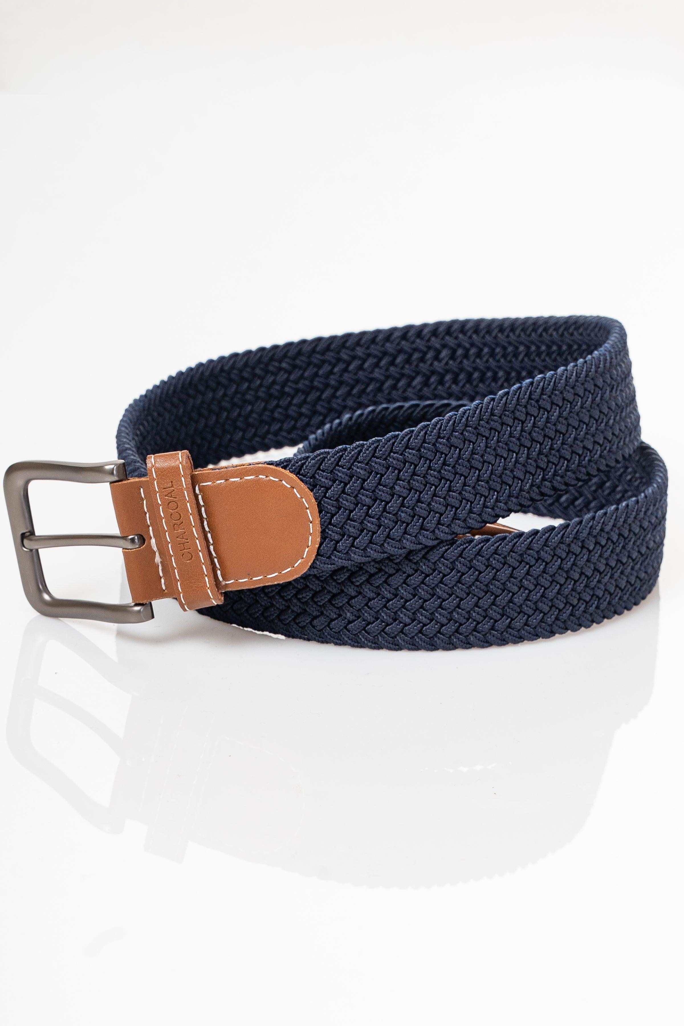 Navy woven casual belt with tan leather keeper and silver-tone buckle